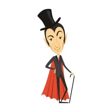 Count Dracula, vampire in suit, red cape, cylinder hat Stock Illustration
