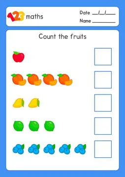 Count the fruit and write it on the square blank in maths subject exercises shee Stock Illustration