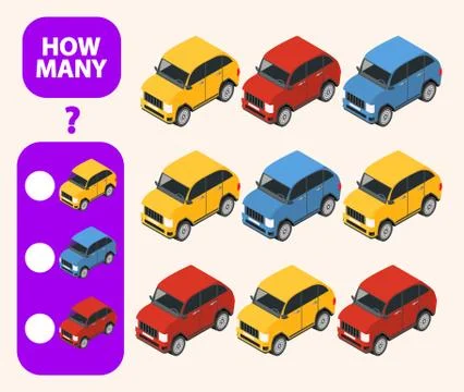 Count how many car is educational game. Maths task development of logical thi Stock Illustration