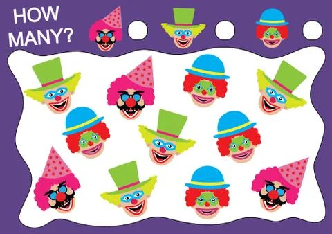 Count how many clowns. Learning numbers, mathematics. Game for children. Stock Illustration