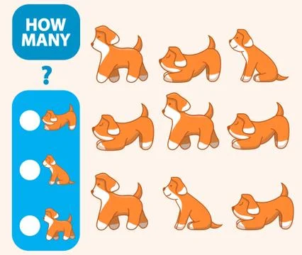 Count how many dogs is educational game. Maths task development of logical th Stock Illustration