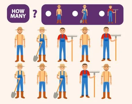 Count how many farmer is educational game. Maths task development of logical  Stock Illustration