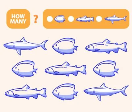 Count how many fish is educational game. Maths task development of logical th Stock Illustration