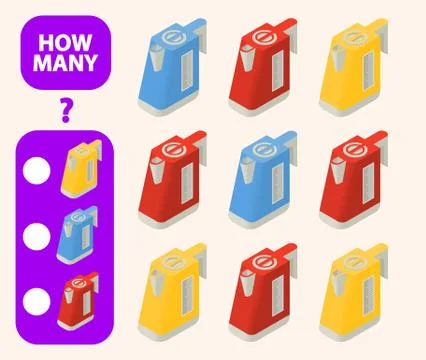 Count how many isometric electric kettle is educational game. Stock Illustration
