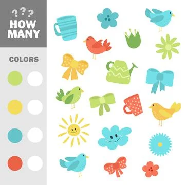 Count how many items with color. Vector educational game. Cute spring elements 库存插图