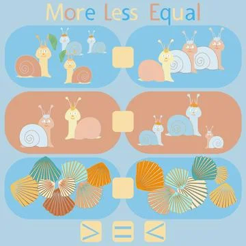 Count the snails and shells in the picture and put a sign greater than, less 스톡 일러스트