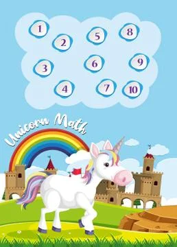 Count to ten for preschool in rainbow and unicorn theme background Stock Illustration