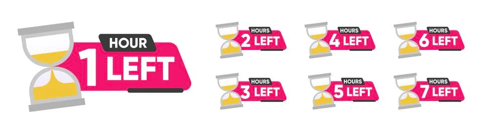 Countdown 1, 2, 3, 4, 5, 6, 7 hours left label or emblem set. Hours left Stock Illustration
