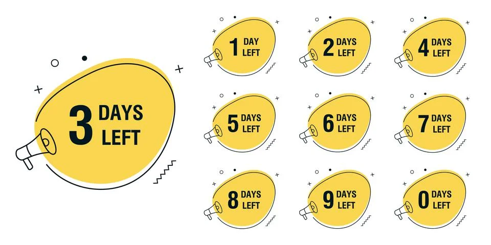 Countdown 1, 2, 3, 4, 5, 6, 7, 8, 9, 0 days left label or emblem set with Stock Illustration