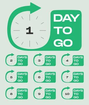 Countdown 1, 2, 3, 4, 5, 6, 7, 8, 9, days left label or emblem set. Stock Illustration