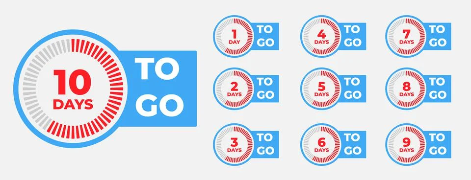 Countdown 1, 2, 3, 4, 5, 6, 7, 8, 9, days left label or emblem set. Stock Illustration