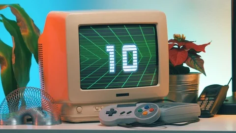 COUNTDOWN from 10 to 0 on Old Vintage TV Computer Screen from 80s 90s Retro Stock Footage 102341258