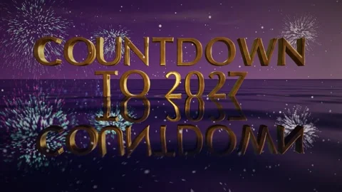 Countdown To 2027 Gold 3D Text Rising From Reflective Water With Fireworks S Stock Footage 342802827