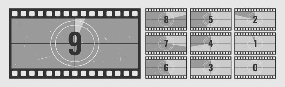 Countdown frames set. Old movie timer counter in filmstrip frame Stock-Illustration