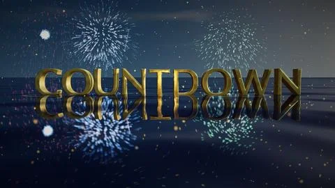 Countdown Gold 3D Text with Fireworks over Reflective Water Stock Illustration