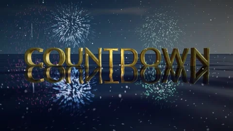 Countdown Gold 3D Text Rising From Reflective Water With Fireworks Seamless Stock Footage 342802770