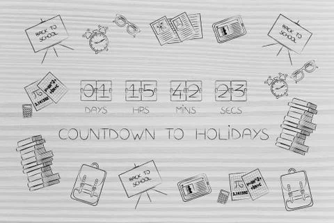 Countdown to holidays timer surrounded by school-related items Stock-Illustration