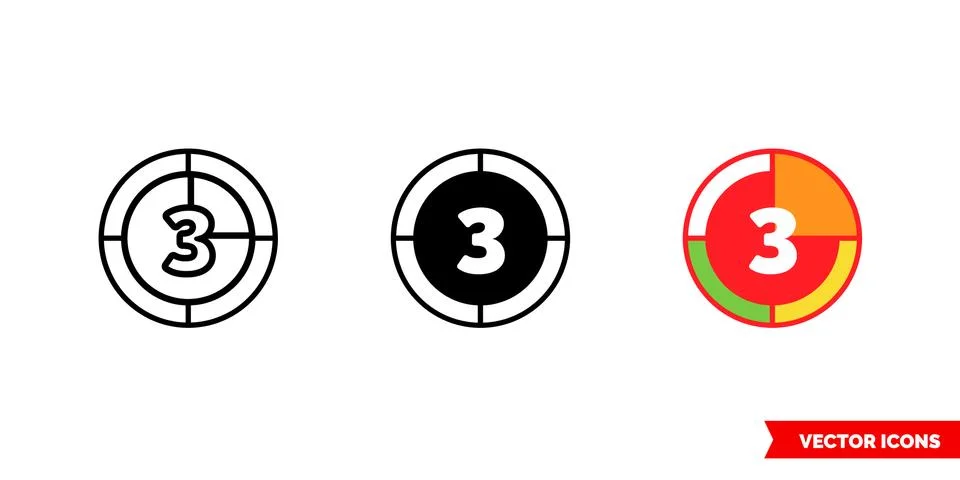 Countdown icon of 3 types. Isolated vector sign symbol. Stock Illustration
