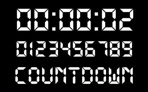Countdown number, White digital numbers, Digital Display Font with Alarm Clock Stock Illustration