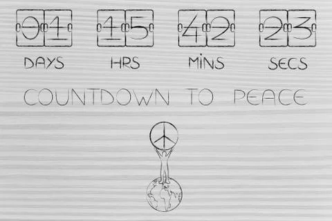 Countdown to peace timer and man holding symbol over planet Earth イラスト素材