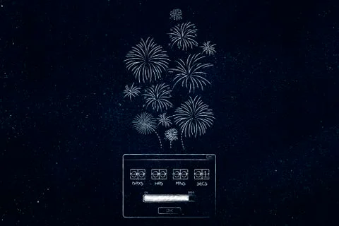 Countdown pop-up message with timer with fireworks flying out of it Stock-Illustration