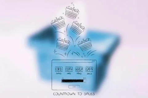 Countdown pop-up with timer and shopping baskets flying out of it Illustrazione stock