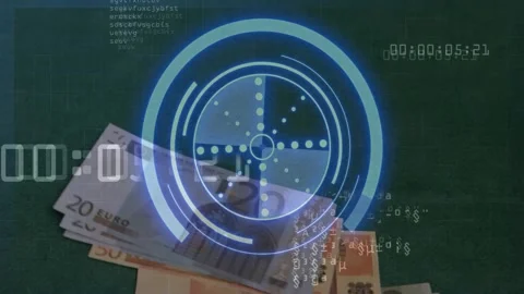 Countdown reaching 00:04 blue HUD rotating while euro banknotes sliding into Stock Footage 329433741