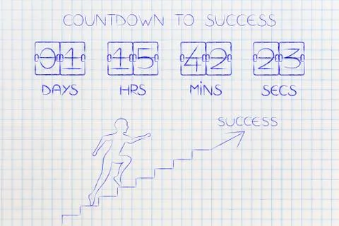 Countdown to success timer and man running over stairs with arrows and text Stock-Illustration