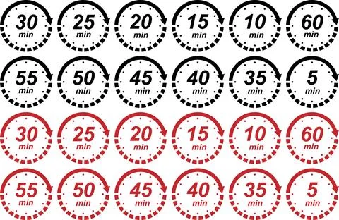 Countdown Timer Minute Icons Set with 5 to 60 Minute Time Labels Stock Illustration