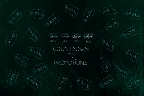Countdown timer surrounded by reduced price tags Stock-Illustration