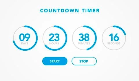 Countdown timer website element with buttons. Flat digital clock timer. Stock Illustration