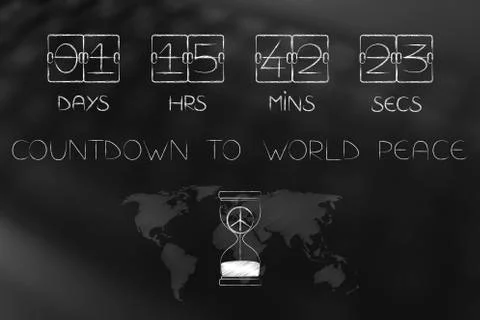Countdown to world peace timer and hourglass with symbol inside and world map Stock Illustration