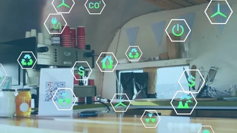 Counter area displaying AR hex icons after QR-code scan icons drifting settling Stock Footage 332591828