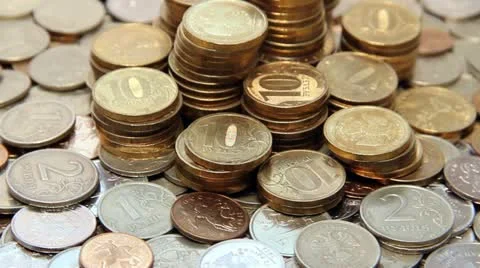 Counter clockwise rotation of ruble coins - Russian currency. Video stock 21316645
