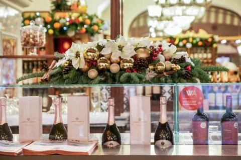 Counter with festive installation. Stock Photos