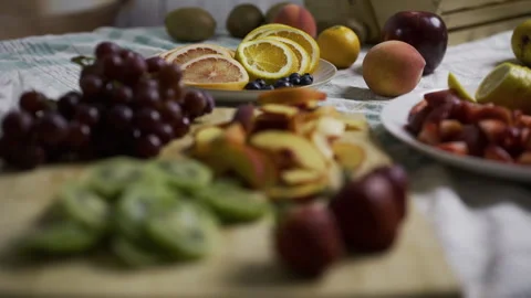 Counter filled with various, delicious fruit - rack focused Stock Footage 341185894