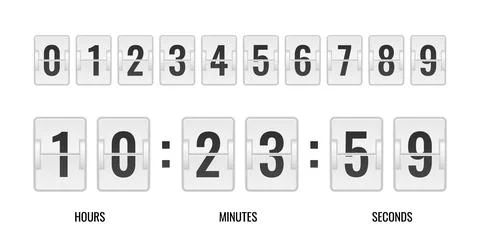 Counter realistic. Time table, retro clock countdown, black flip numbers on Stock Illustration