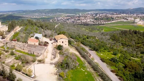 Counterclockwise panoramic the monastery Beit Jamal from the sky Video stock 127390329
