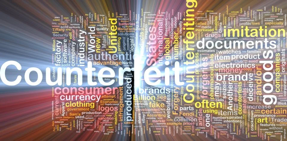 Counterfeit background concept wordcloud glowing Stock Illustration