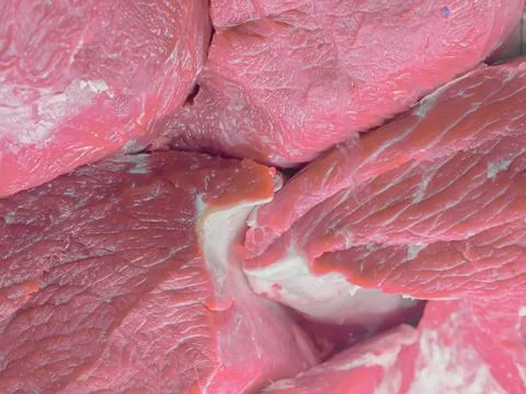 Counters with beef meat in a large plan, large pieces Stock Photos