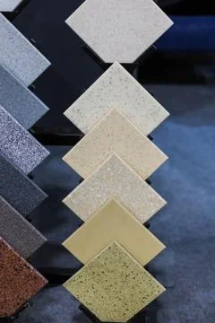 Countertop Samples. Front view of color samples stone, acrylic solid surface. Stock Photos