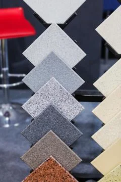 Countertop Samples. Front view of color samples stone, acrylic solid surface. Stock Photos