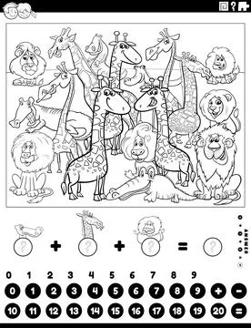 Counting and adding activity with animals coloring page 스톡 일러스트