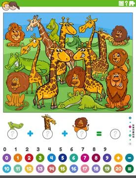 Counting and adding activity with cartoon animals Illustrazione stock