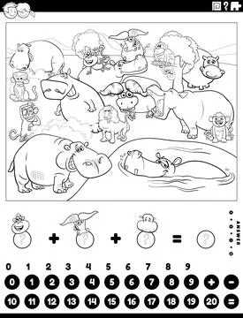 Counting and adding game with animals coloring book page Stock Illustration