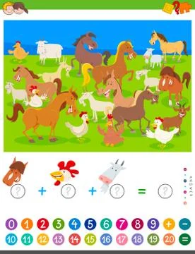 Counting and adding game with cartoon farm animals Illustrazione stock
