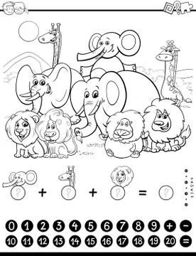 Counting and adding task with animals color book 스톡 일러스트
