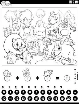 Counting and adding task with animals coloring book page Stock Illustration
