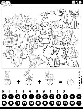 Counting and adding task with animals coloring page Stock Illustration