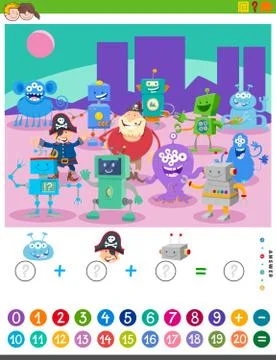 Counting and adding task with cartoon characters イラスト素材